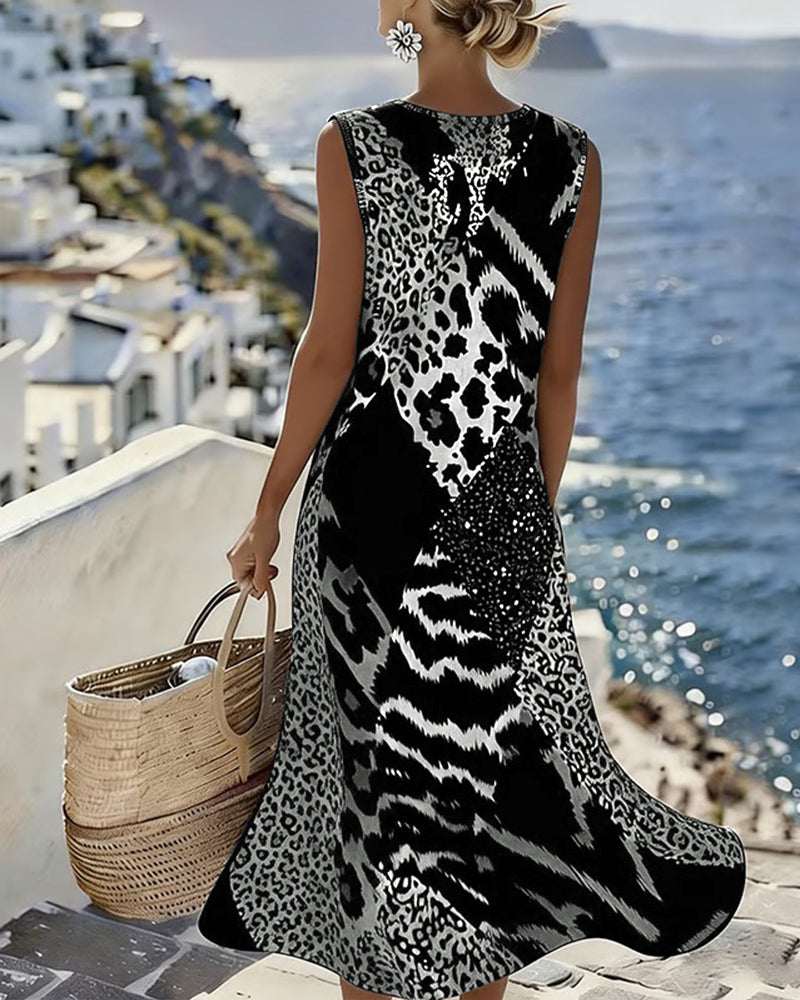 Vestido Sin Mangas Largas de Estampado de Leopardo en Patchwork
