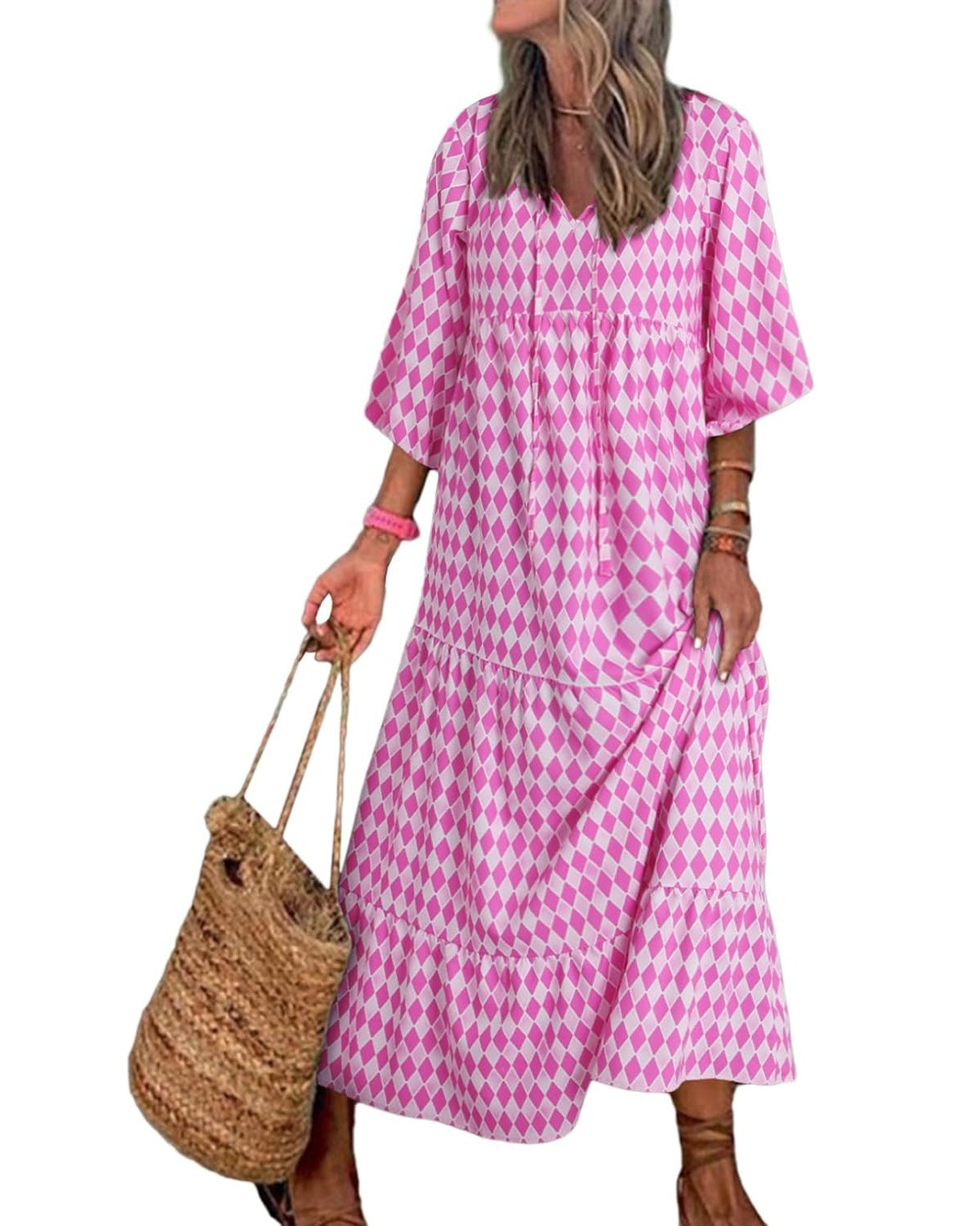 WINONA – VESTIDO MAXI GEOMÉTRICO BOHEMIO CON MANGAS ABULLONADAS PARA MUJER