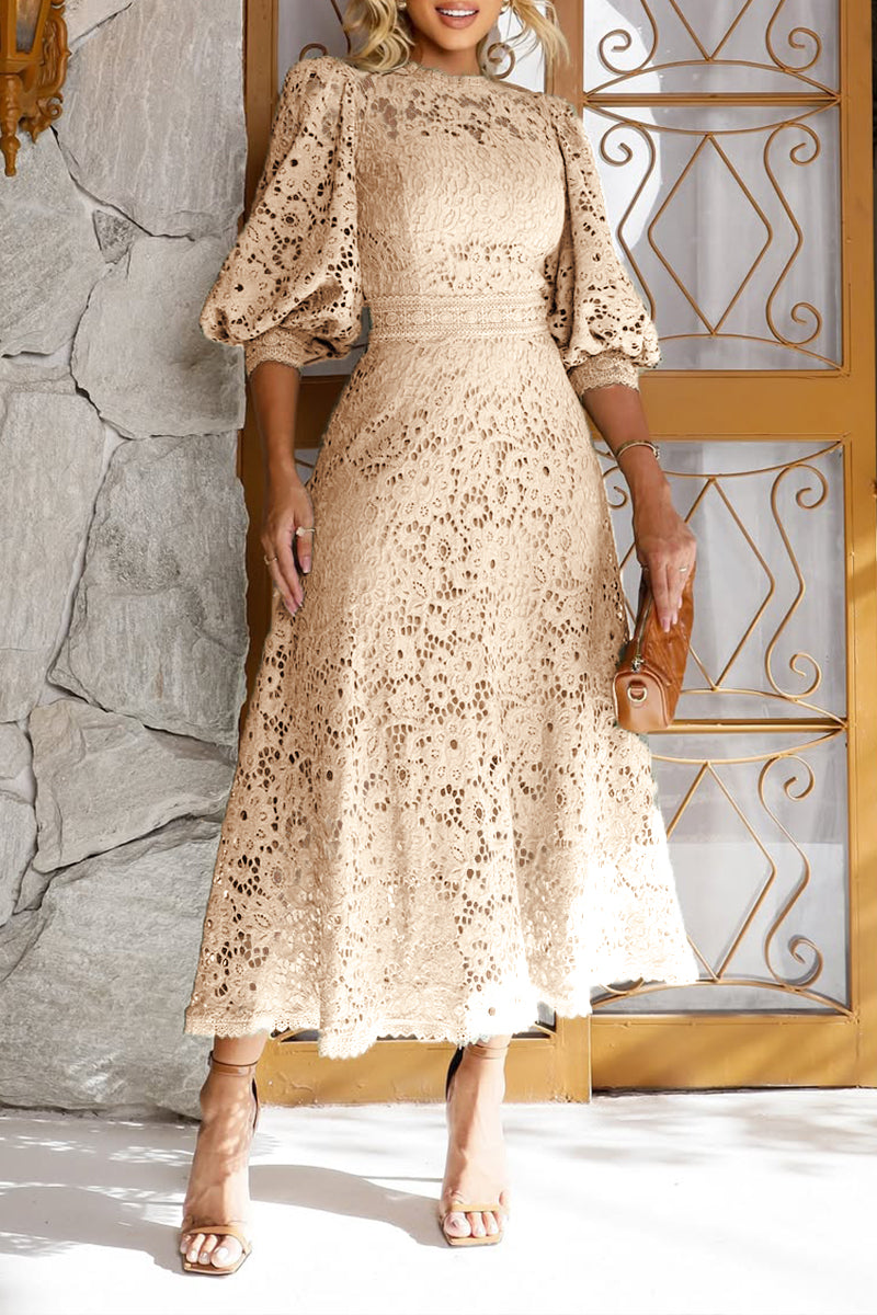 Vestido Midi de Encaje con Mangas de Linterna