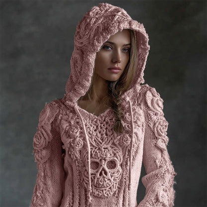 Suéter de punto acogedor con capucha de calavera celta vikinga y rosas blancas vintage