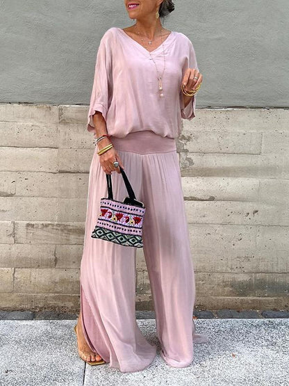 ESMERALDA – CONJUNTO DE PANTALONES ANCHOS DE CHIFFON ELEGANTE DE DOS PIEZAS