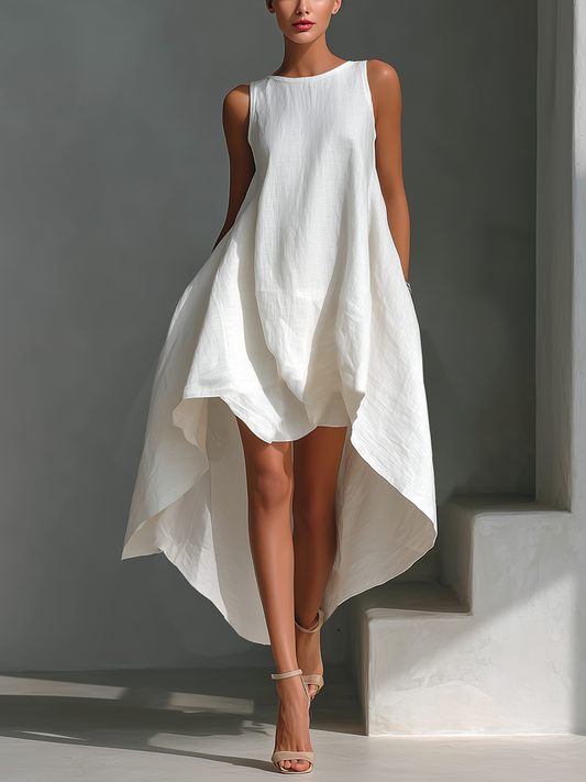 Vestido Midi Sin Mangas de Lino Blanco para Mujer con Cuello Redondo y Dobladillo Asimétrico