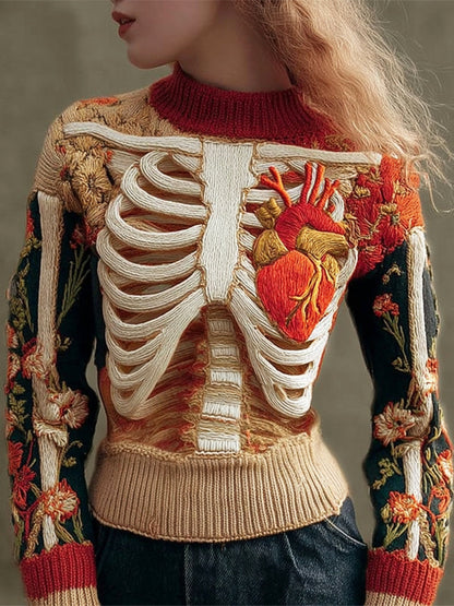 Suéter de Cuello Redondo de Punto para Mujeres con Arte de Esqueleto Humano y Floral en 3D