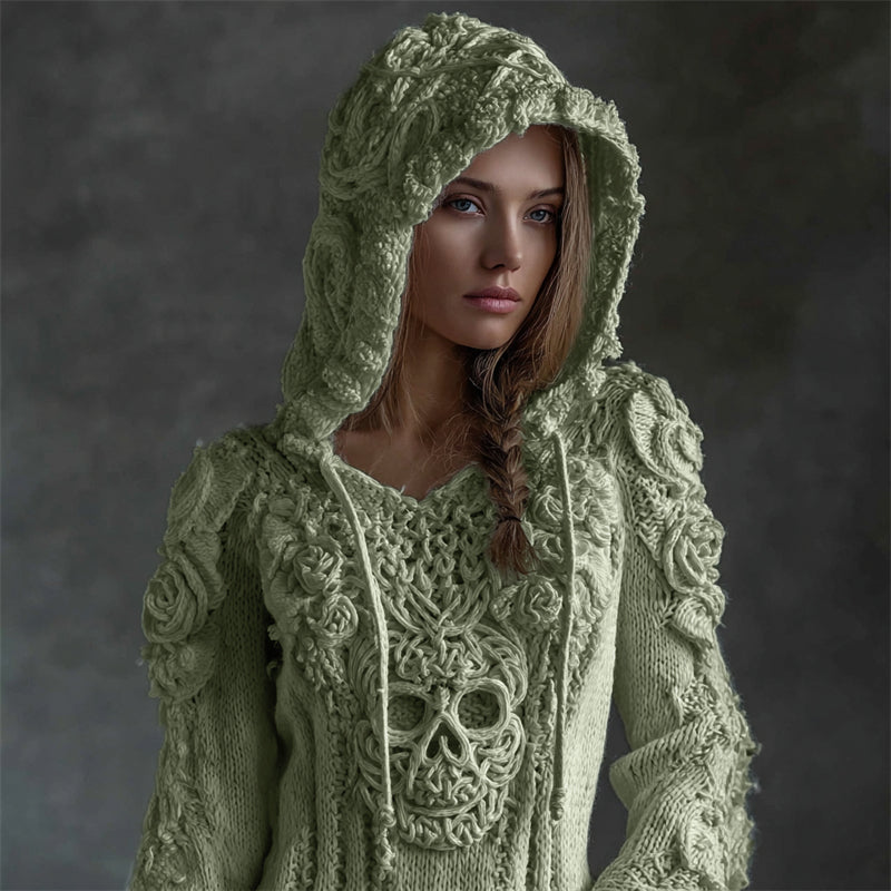 Suéter de punto acogedor con capucha de calavera celta vikinga y rosas blancas vintage