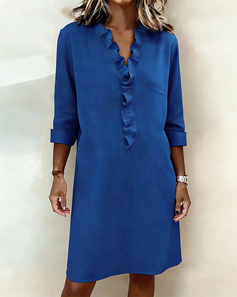 Vestido Sólido con Volantes y Cuello en V