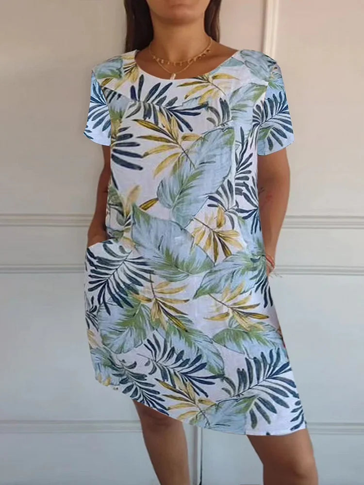 Vestido de verano estampado de algodón y lino para mujeres con bolsillos