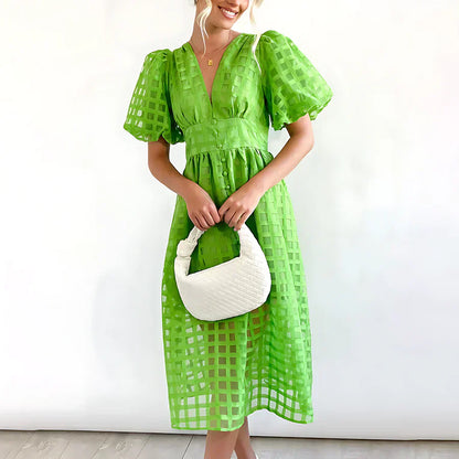 Caelis | Vestido Midi con Mangas Abullonadas de Patrón Clásico