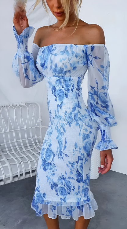 Nadia - Vestido Midi con Hombros Descubiertos y Cintura Fruncida Floral