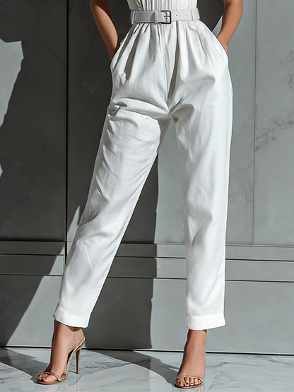 Mono Amplio De Algodón Y Lino Color Marfil Con Cintura Delgada Para Mujer
