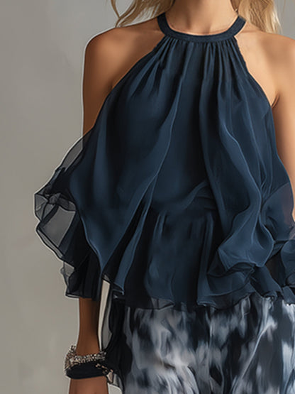 Ludovica | Top Halter Elegante Azul Marino y Conjunto de Pantalones Amplios Estampados