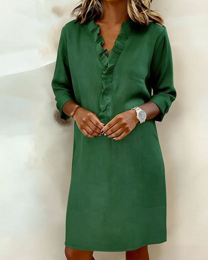Vestido Sólido con Volantes y Cuello en V