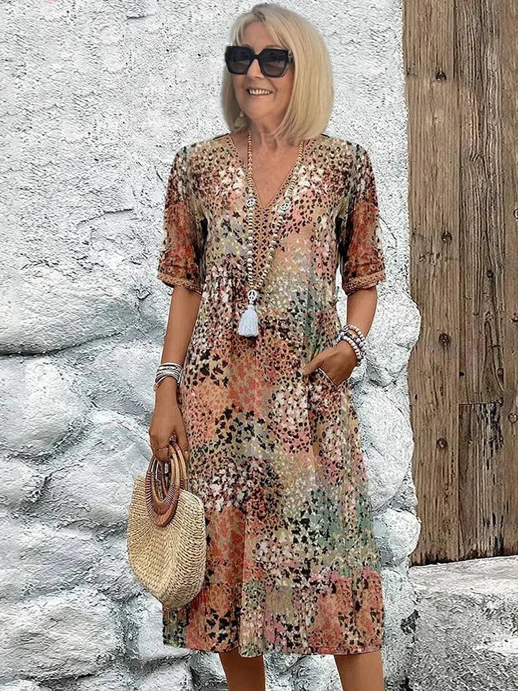Emelith - Vestido de Verano de Encaje de Leopardo con Escote en V