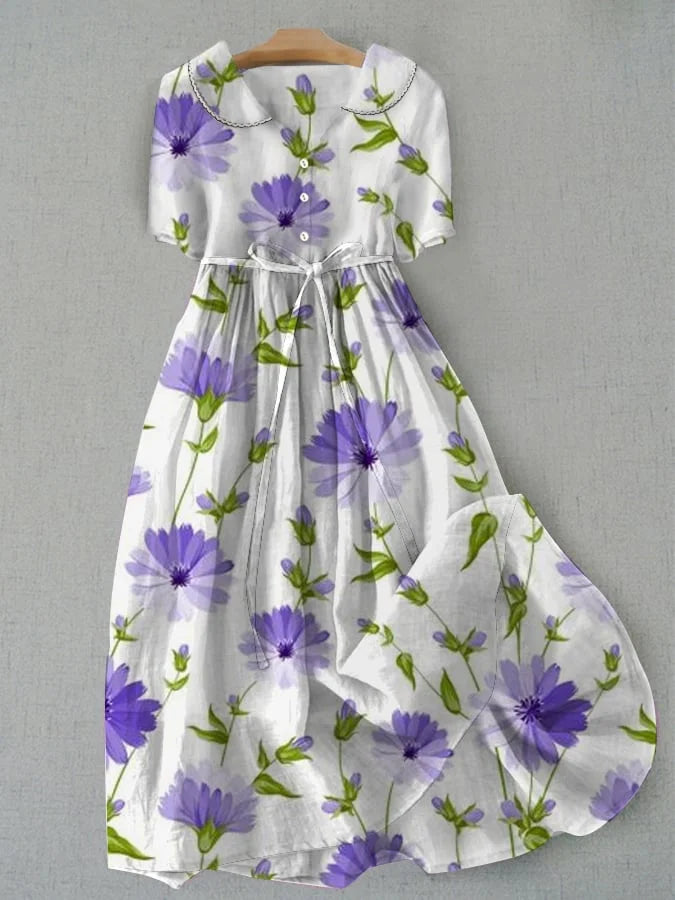 Sage - Vestido Floral de Media Manga con Cordones Retro