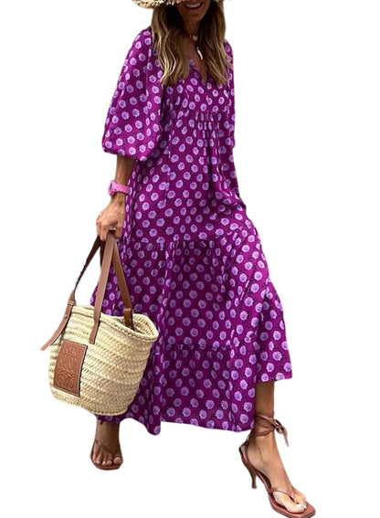 WINONA – VESTIDO MAXI GEOMÉTRICO BOHEMIO CON MANGAS ABULLONADAS PARA MUJER