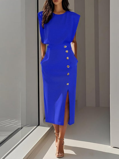 Malene™ | Vestido Midi Sólido con Abertura de Botón y Escote Redondo