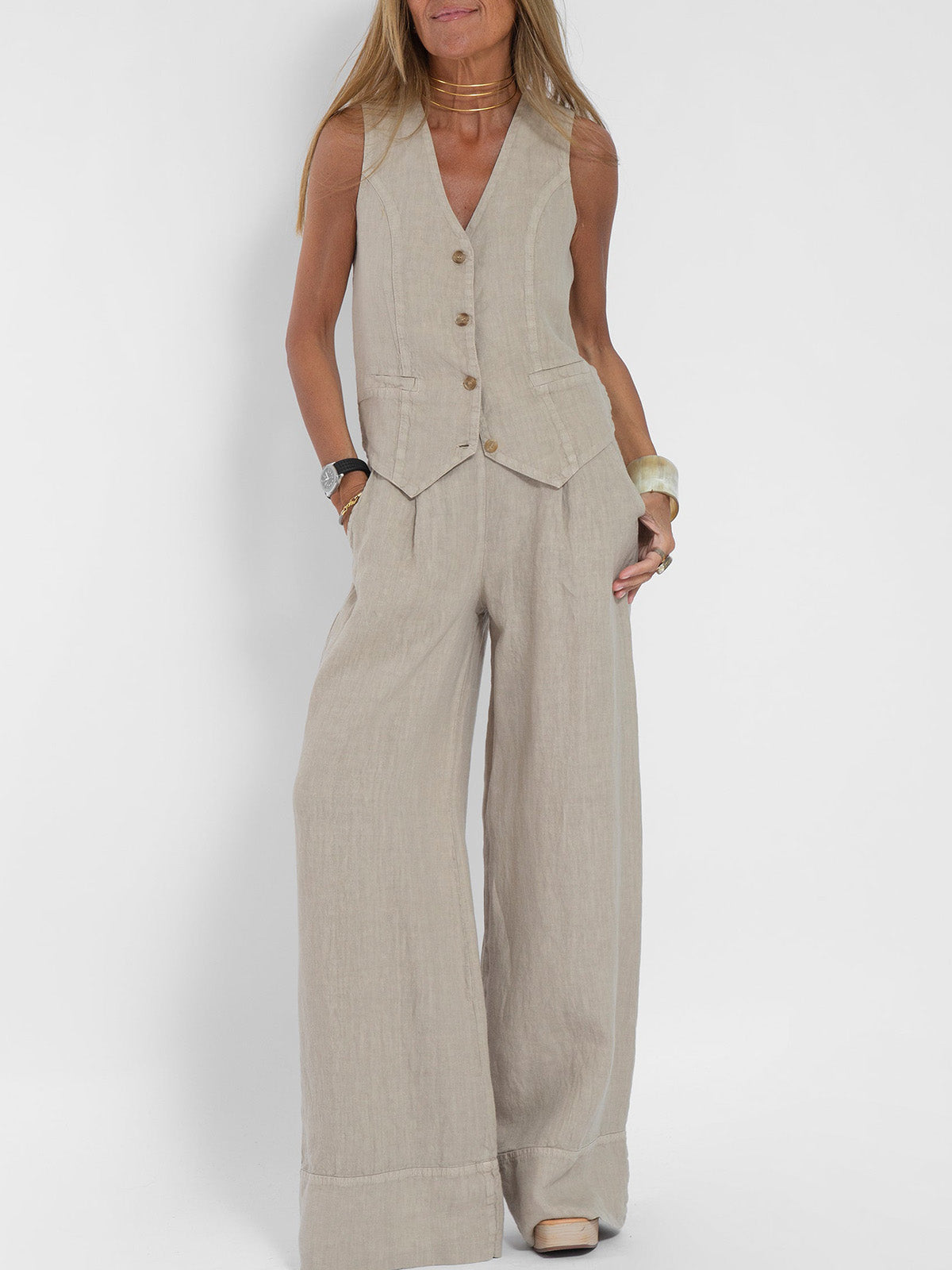 Jessica - Conjunto de Chaleco Abotonado y Pantalones de Pierna Ancha