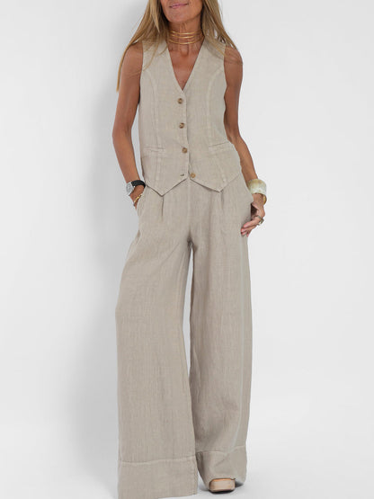 Jessica - Conjunto de Chaleco Abotonado y Pantalones de Pierna Ancha