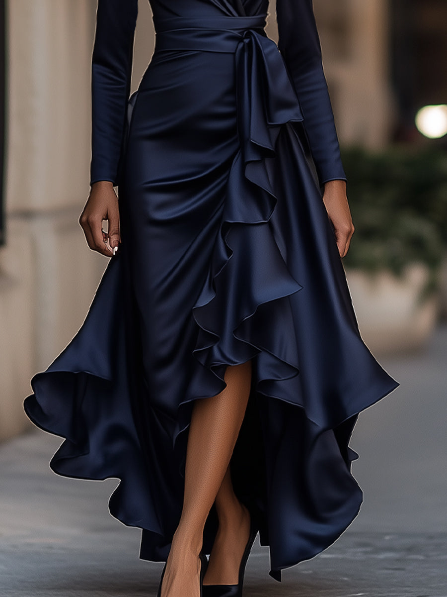 Palma | Vestido Maxi de Satén Draped con Detalles de Volantes
