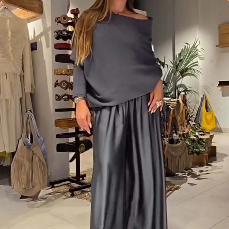 Conjunto de salón elegante de dos piezas con hombros descubiertos – suave, favorecedor y elegantemente casual