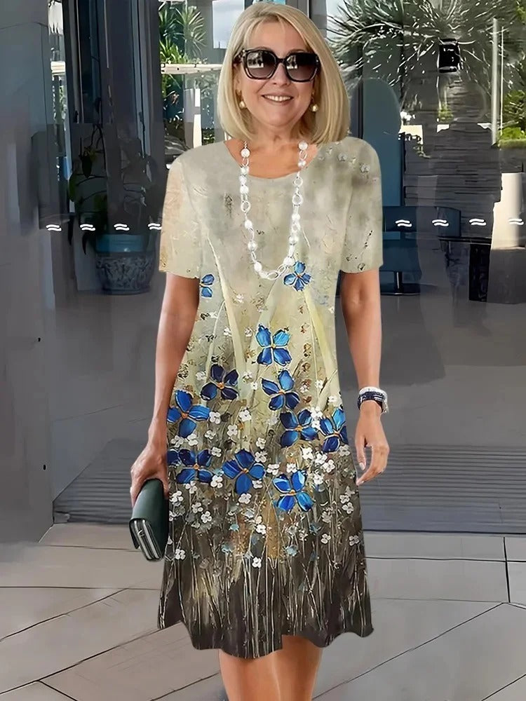 Rosara - Vestido Medio Impreso Suelto y Cómodo
