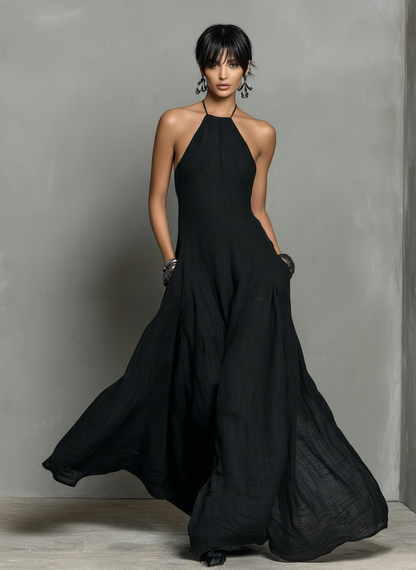Vestido Maxi Sin Mangas en Mezcla de Lino Minimalista para Mujer