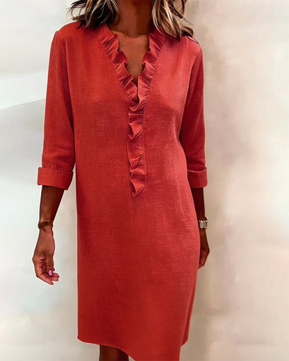 Vestido Sólido con Volantes y Cuello en V