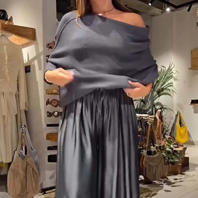 Conjunto de salón elegante de dos piezas con hombros descubiertos – suave, favorecedor y elegantemente casual