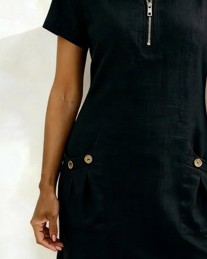 Vestido Corto de Lino y Algodón con Cierre de Cremallera - Corte A-Line Elegante