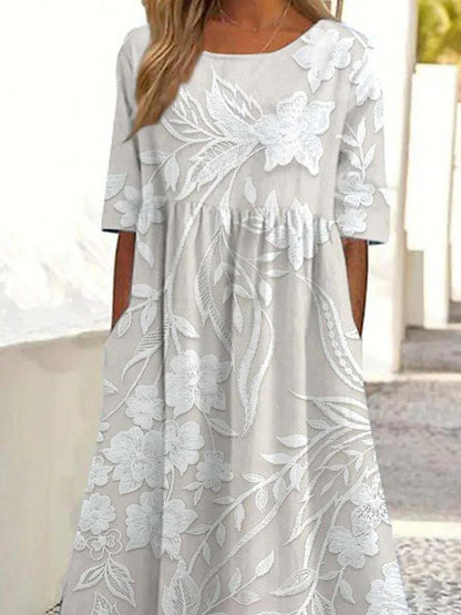 Maëlle – Vestido Midi Clásico con Estampado y Bolsillos Laterales