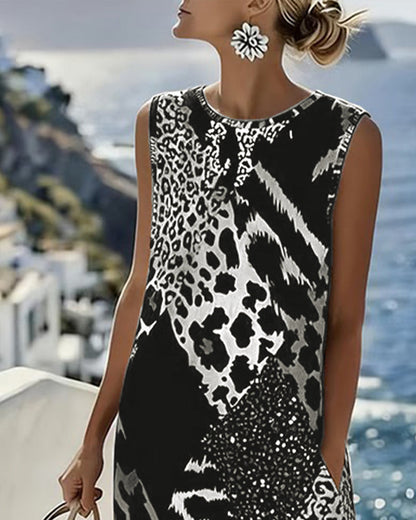 Vestido Sin Mangas Largas de Estampado de Leopardo en Patchwork