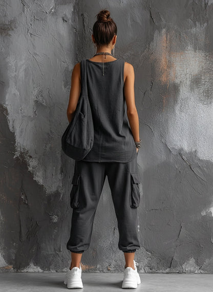 Conjunto Top Sin Mangas en Algodón Gris Oscuro + Pantalones Cargo Jogger Estilo Casual Mujer