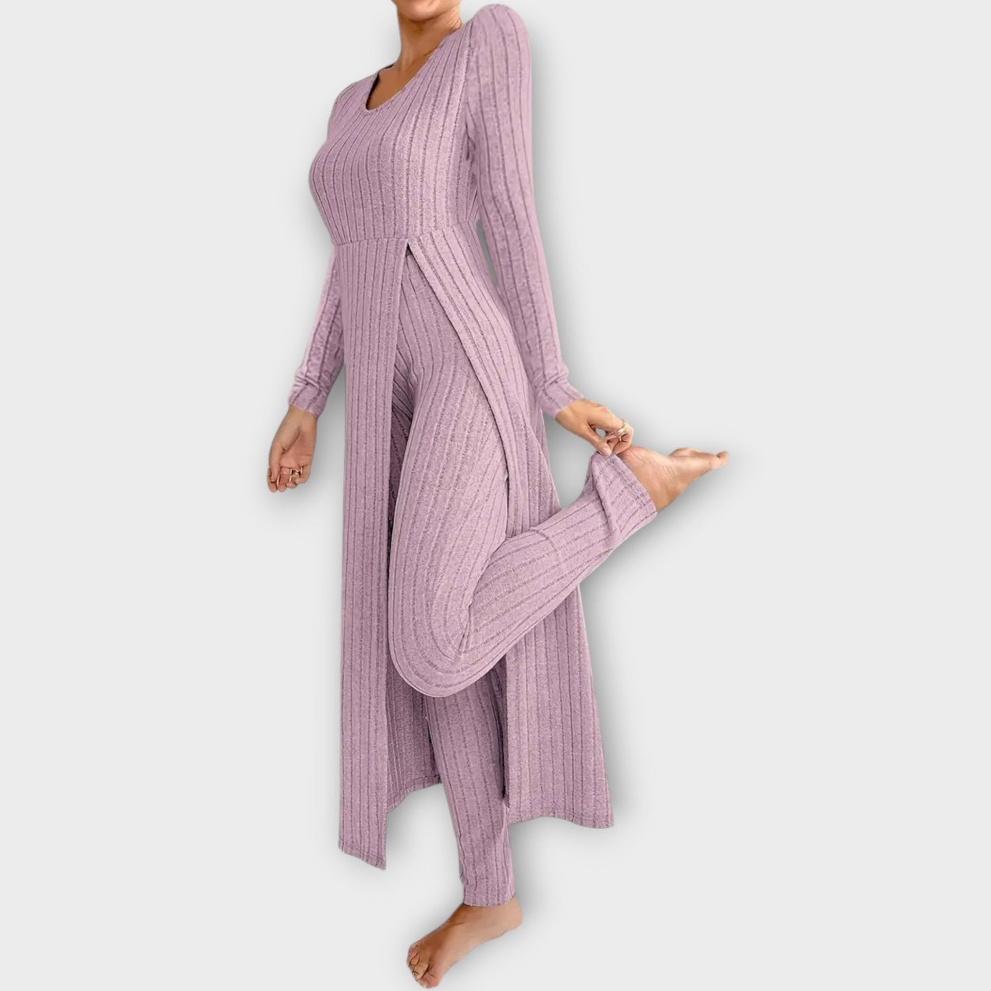 Conjunto de Lounge de Tejido Acanalado con Túnica Dividida