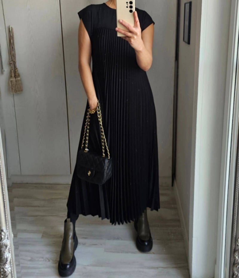 Vestido Maxi Plisado de Manga Corta para Mujeres