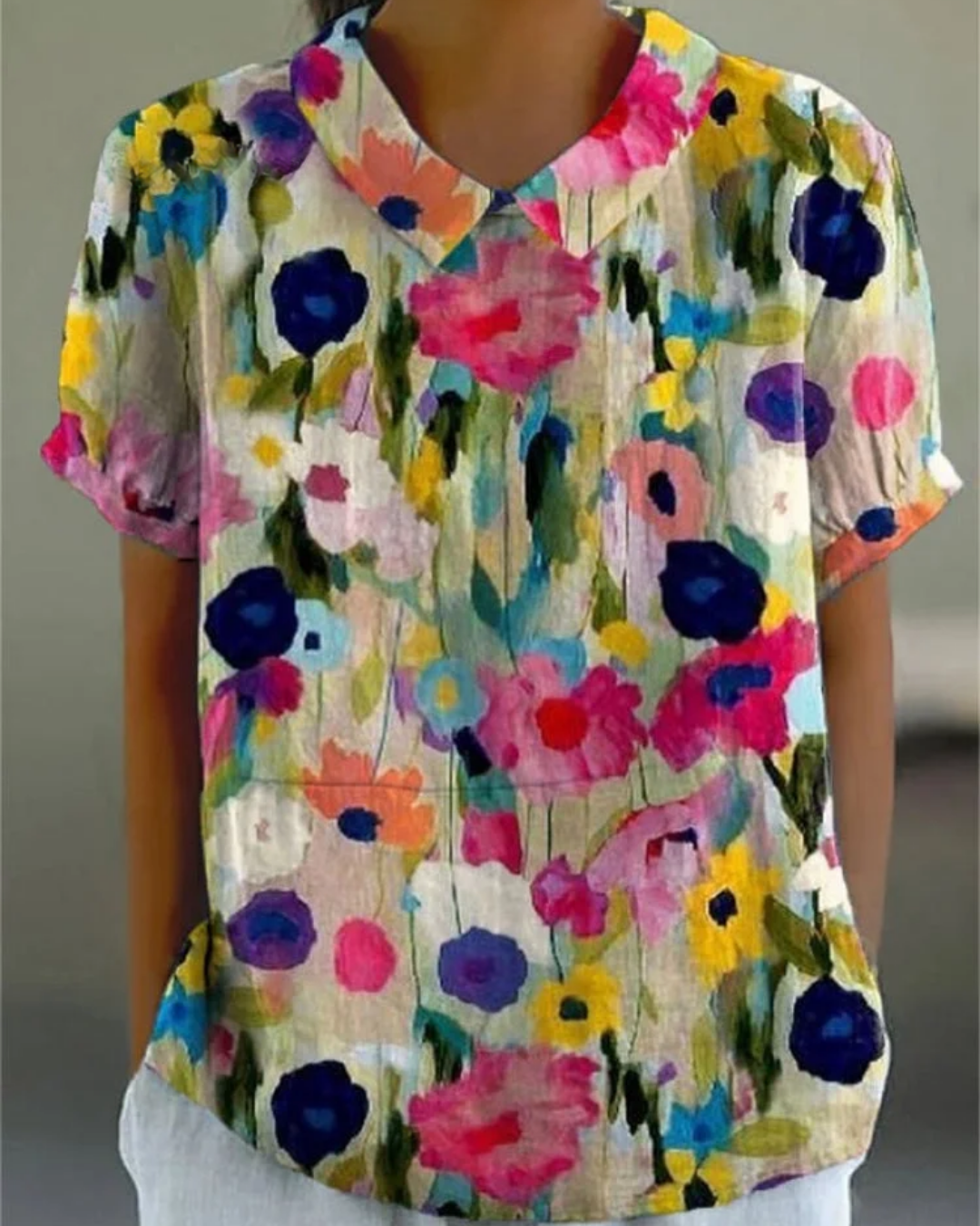 Beatrix - Camisa de Algodón-Lino con Flores Retro