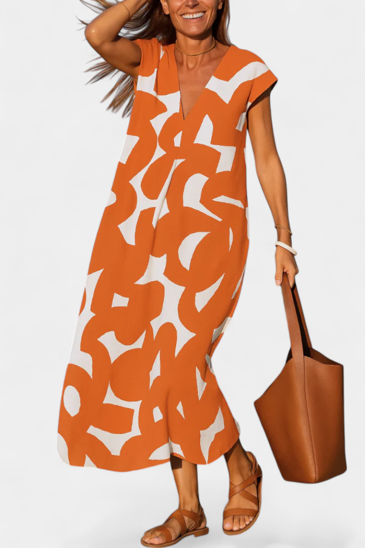 Asela Vestido Casual con Escote en V y Estampado Mixi