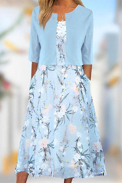 Vestido Midi Único con Estampado de Plantas en Azul y Chaqueta