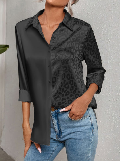 Gwendolyn - Camisa Button-Up en Satén Bicolor con Estampado de Leopardo
