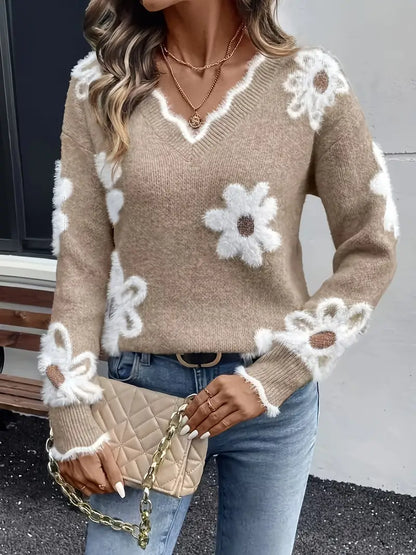 Melanira - Suéter Floral con Cuello en V Estiloso