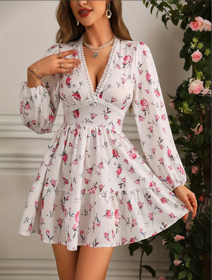 Vestido Mini Floral para Mujeres con Mangas Largas Abullonadas y Escote en V