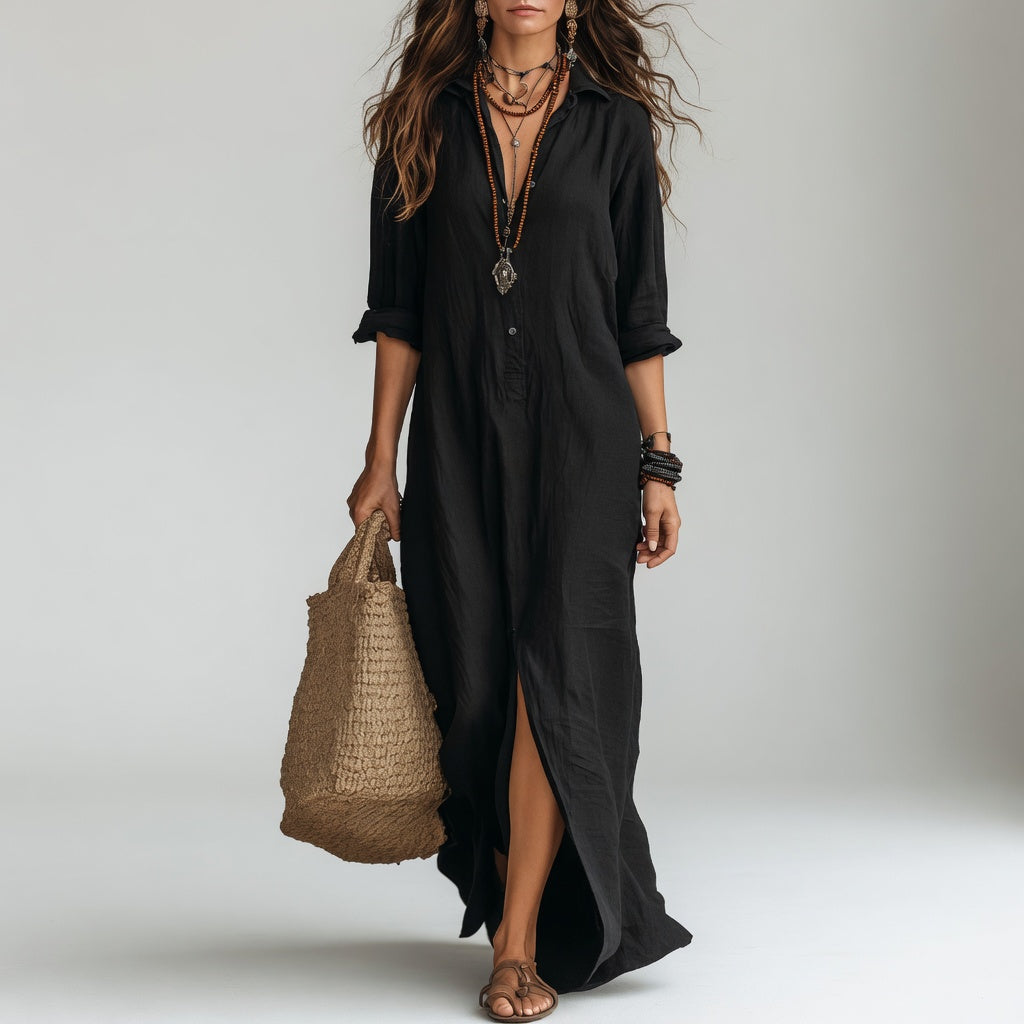 Vestido largo de camisa oversize bohemio - Algodón puro fluido y atemporal