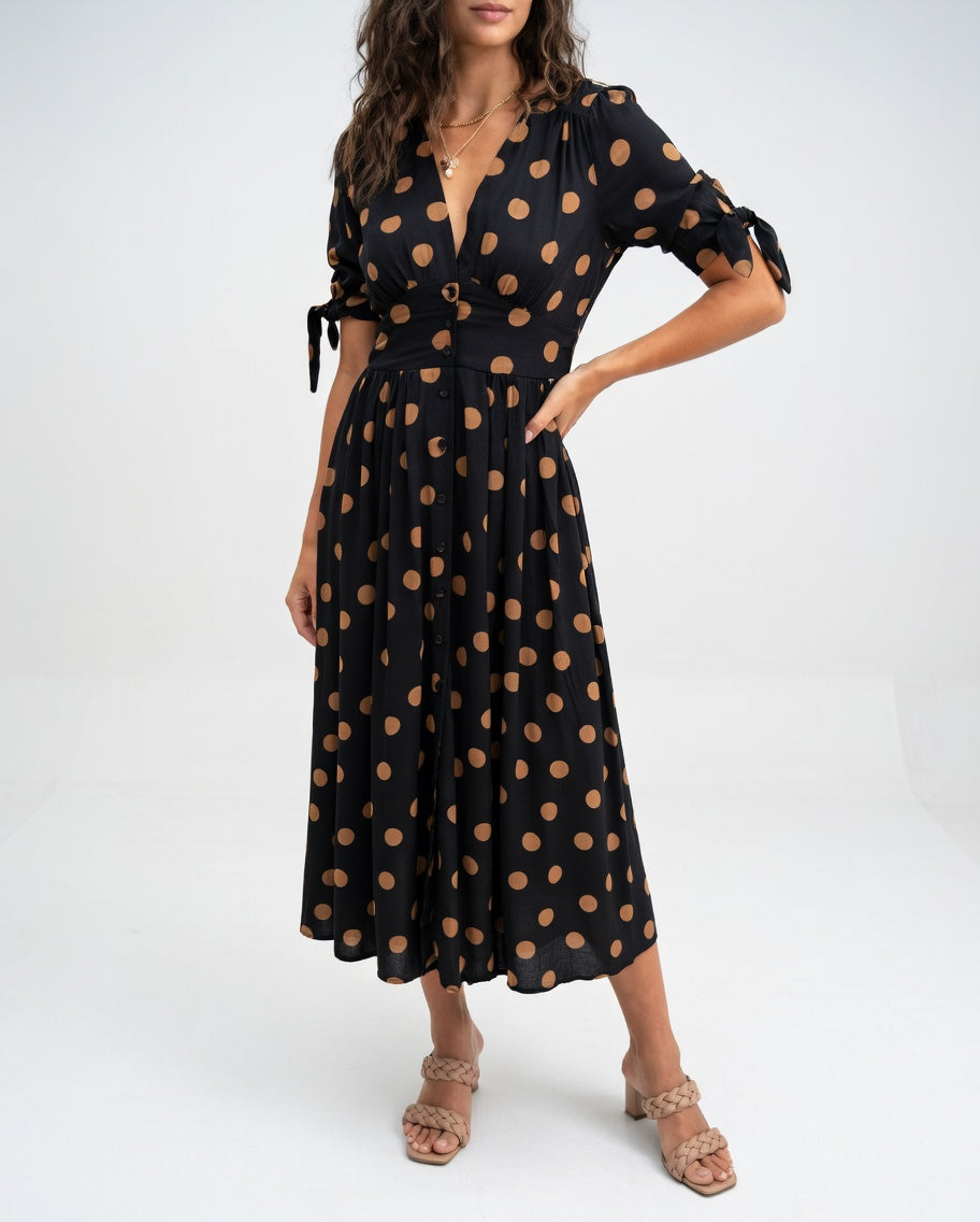Vestido Midi de Lunares - Elegancia Atemporal para Mujer