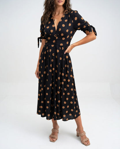 Vestido Midi de Lunares - Elegancia Atemporal para Mujer