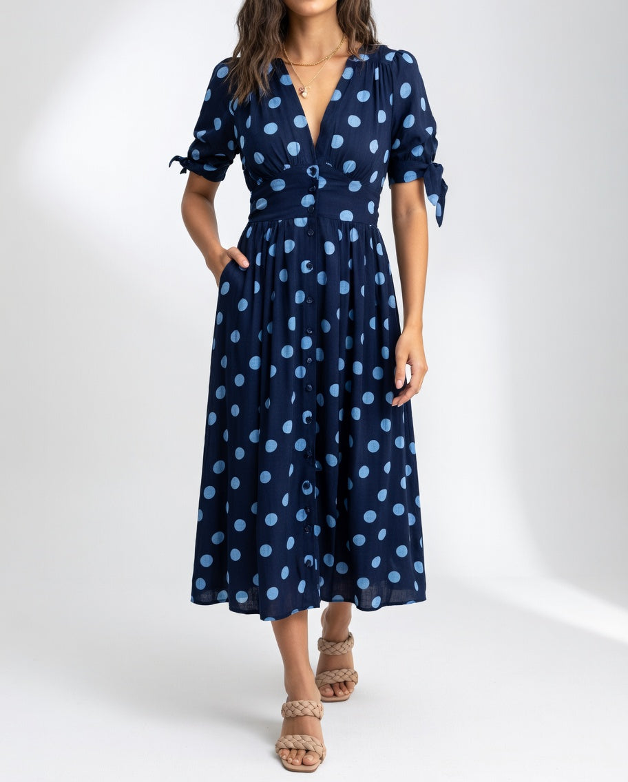 Vestido Midi de Lunares - Elegancia Atemporal para Mujer