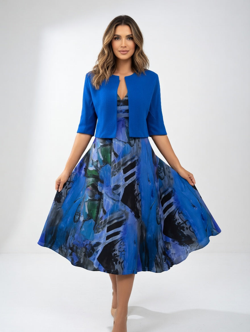 Vestido Midi Fluido con Bolero - Estampado Artístico Elegante
