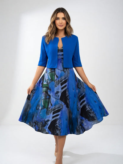 Vestido Midi Fluido con Bolero - Estampado Artístico Elegante