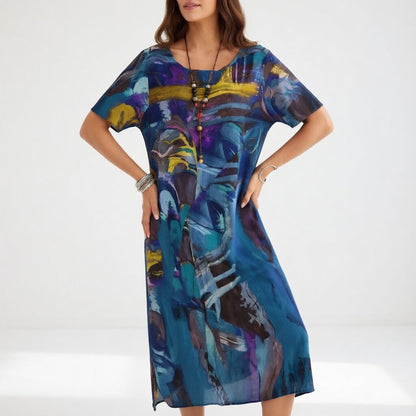 Vestido largo fluido con estampado artístico — Elegancia bohemia de verano