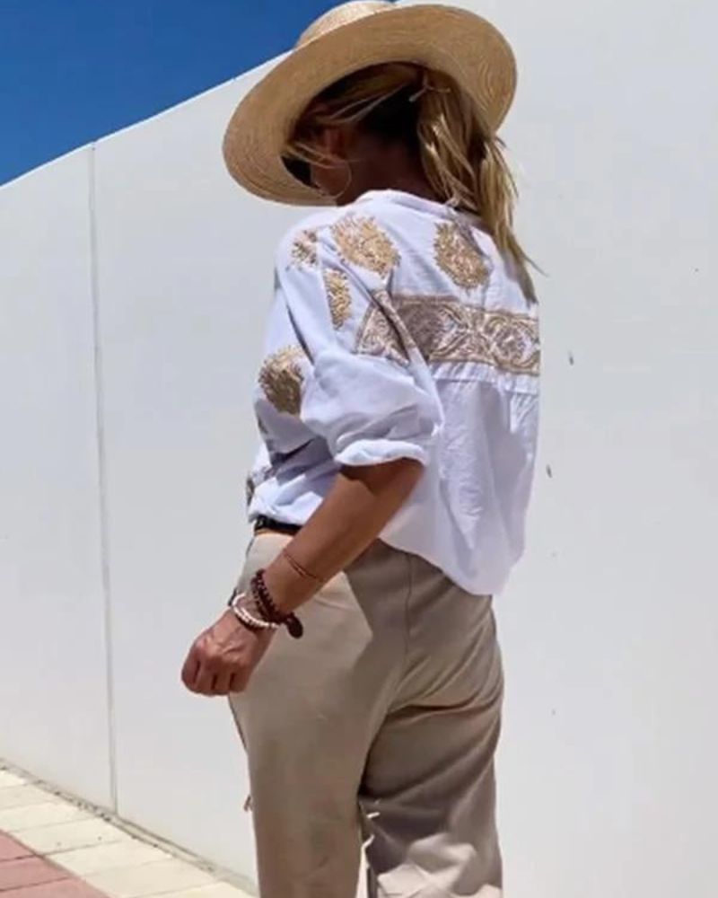 SALMA - Camisa casual de algodón y lino bordada
