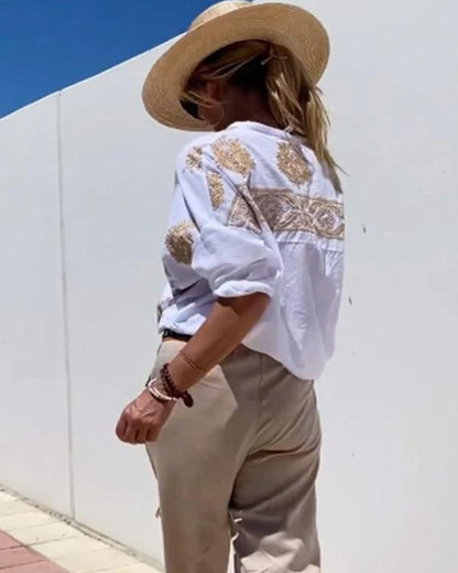 SALMA - Camisa casual de algodón y lino bordada