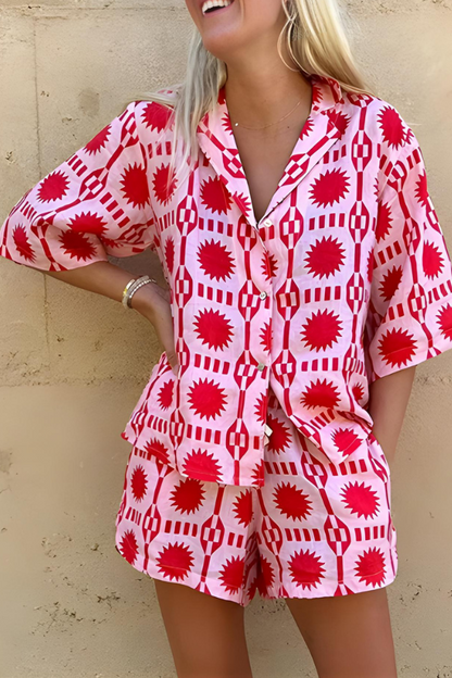 MARISSE – CONJUNTO DE CAMISA Y PANTALONES CORTOS ESTILO PLAYA IMPRESA