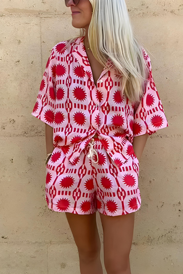 MARISSE – CONJUNTO DE CAMISA Y PANTALONES CORTOS ESTILO PLAYA IMPRESA